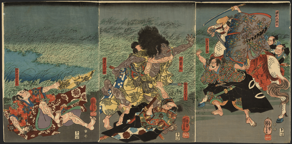 国芳 Kuniyoshi「 源頼光鬼童丸を捕らえる図」 Kidomaru Who Is Attacking Raiko Prevented by the Retainers of Raiko