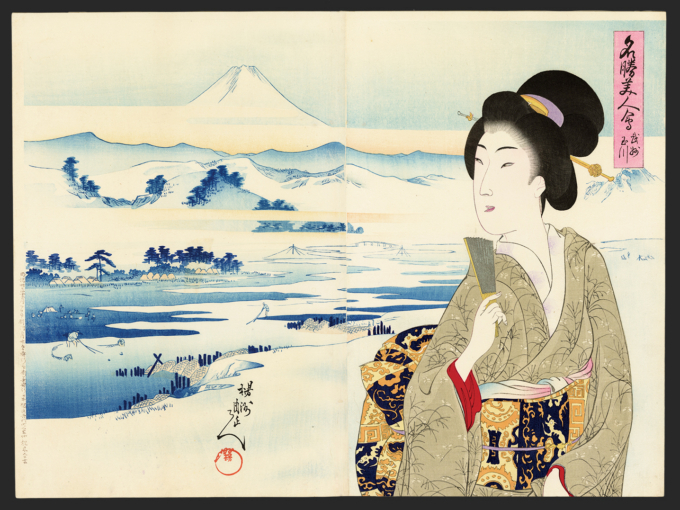 周延 / Chikanobu「名勝美人合 武州玉川」二枚続